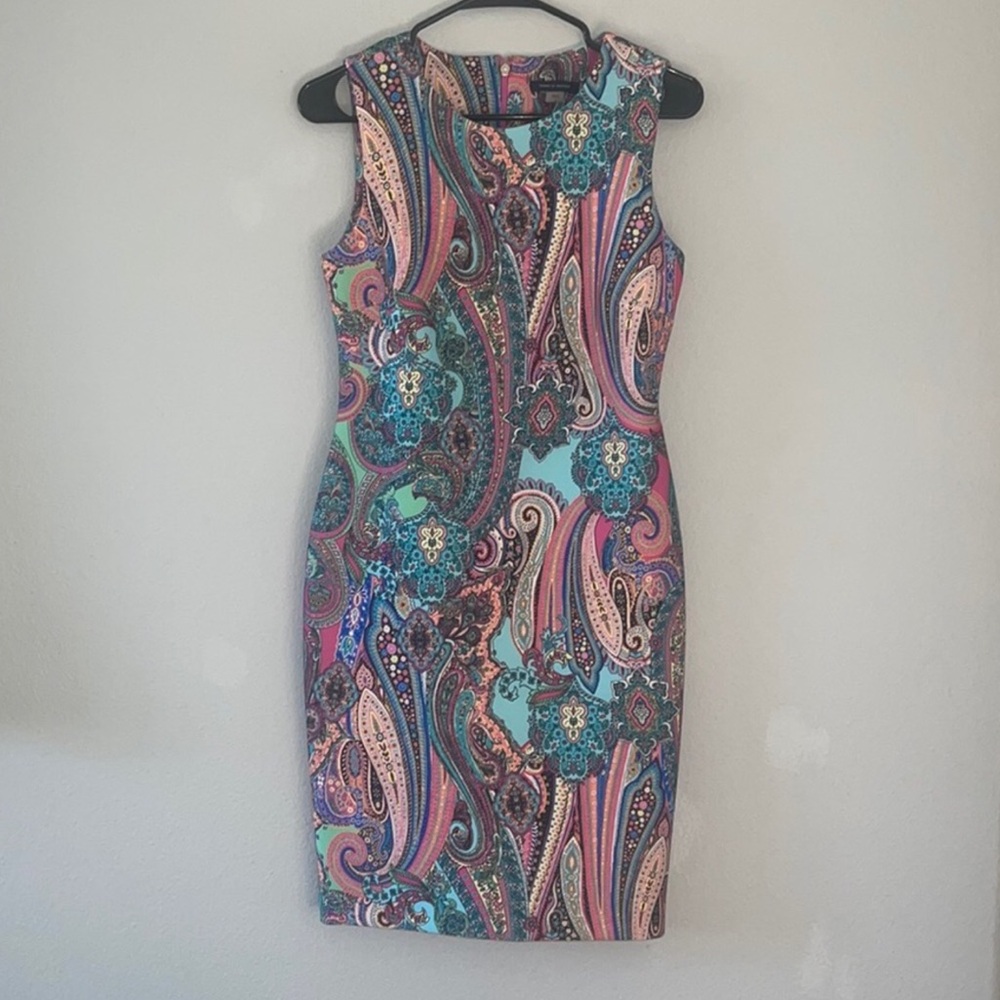 Tommy Hilfiger Blue Pink Paisley Print Scuba Lined Sheath Dress - Picture 3 of 11